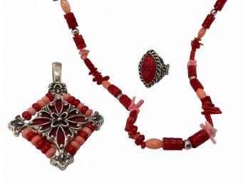Trio Of Carolyn Pollack Sterling Silver Jewelry With Various Shades Of Coral