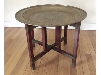 Vintage Chinese Chased Brass Tray With Rosewood Stand With Brass Accents