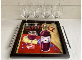 Decorated Wine Tray Plus Four Stemmed Glasses