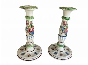 Pair Of Vintage Hand Painted Candlesticks