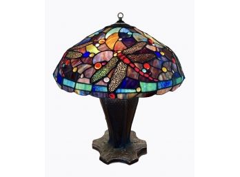 Large Antique Tiffany Style Dragonfly Lamp  ~ 21' Shade