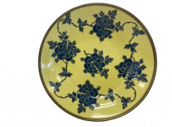 Vintage Enamel & Porcelain Encased In Brass Shallow Bowl