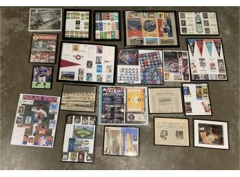 HUGE Collection Of Framed Sports Memorabilia Including Ticket Stubs, Baseball Cards, Pennants & More!
