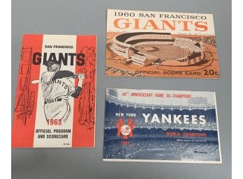 Lot Of 3 1960s Baseball Programs / Scorecards - Giants & Yankees