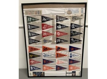 Framed Collection Of Miniature New York Yankees & New York Mets Pennants W/ Ticket Stubs