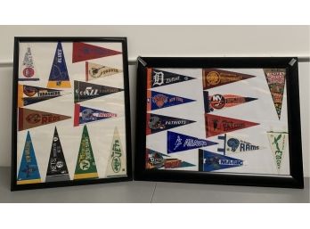 Framed Collection Of NHL, NBA, MLB Mini Pennants