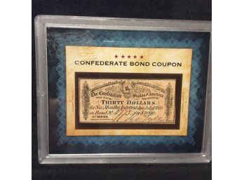 1864 $30 Dollar Genuine Confederate States Of America Civil War Bond Coupon With COA