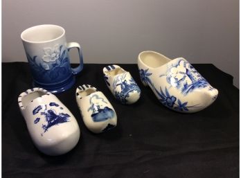 Lot Of 5 Blue Delft Porcelain Clogs And Mug