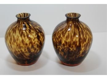 2 Very Cool Vintage Hand Blown Glass Vase Modern 'tortoise Shell/cheetah' Design