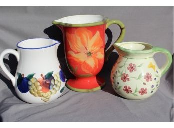 3 Ceramic Pitchers - Some Hand-painted - China - Italy