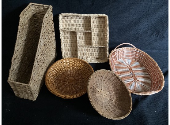 Lot Of 5 Different Wicker Baskets - Magazine Holder, Divided Square, Two Oval, One Circle