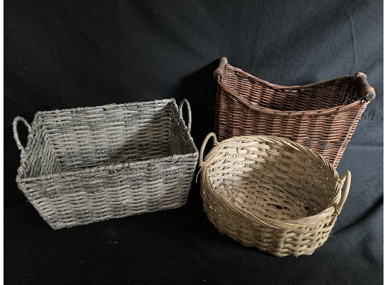 Lot Of Three Baskets With Handles - Grey, Dark Brown, Light Beige