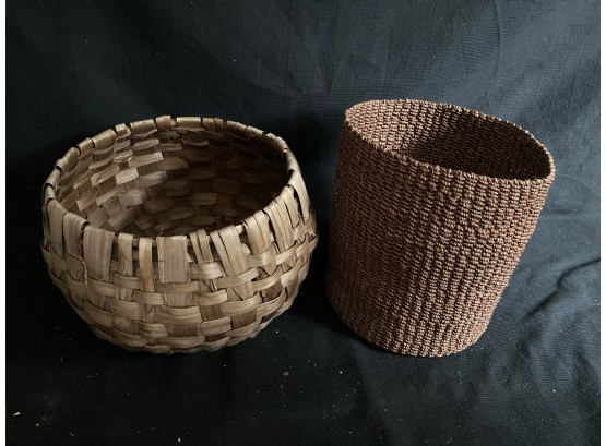 Two Wicker Baskets - Bulb Shaped And Trash Bin