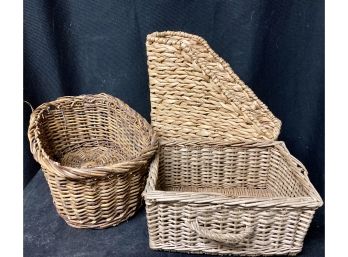 Lot Of 3 Baskets - One With Handle, Magazine Holder, & Oval
