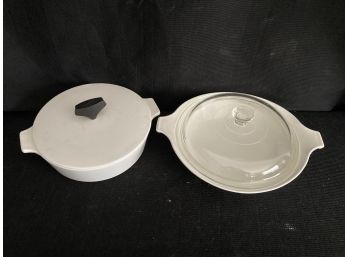 Two White Vintage Corning Ware Covered Baking Dishes