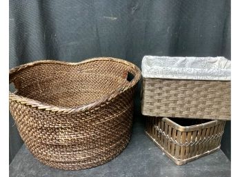 Lot Of 3 Dark Brown Baskets - Large Circular, Rectangular Lined & Square