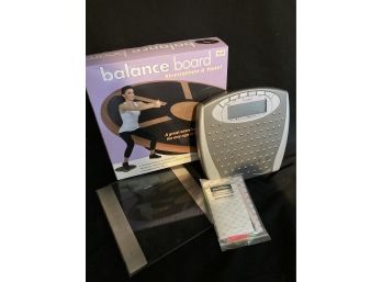 Balance Board, Two Scales, And Resistance Bands