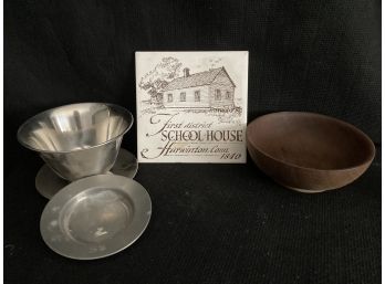 Harwinton 1840 School House Tile, Wooden Bowl, And Silver Plated Pieces