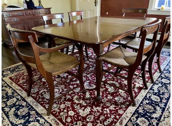 Vintage Willett Furniture Cherry Wood Dining Table With Six Rushed Seat Chairs