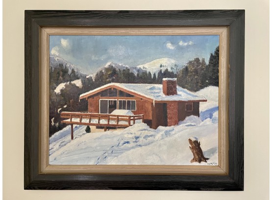 Vintage New England Mountainside Home Painting, Signed And Dated 1970