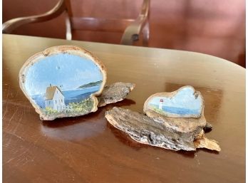 Two Hand Painted Seaside Scenes Painted On Aged Bark From Nova Scotia