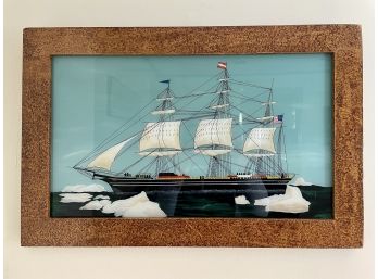 Custom Framed Reverse Painted 'Windward' Sailing Ship On Glass