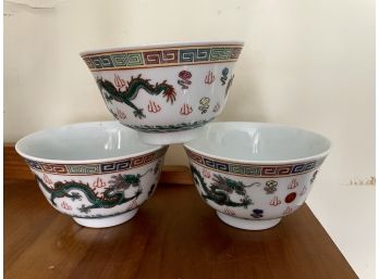 Trio Of Chinese Rice Bowls With Dragon Motif