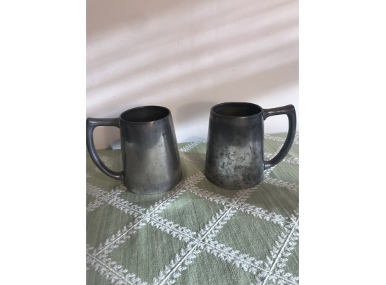 Pair  (2) Of  English Antique Pewter Tankard Mugs