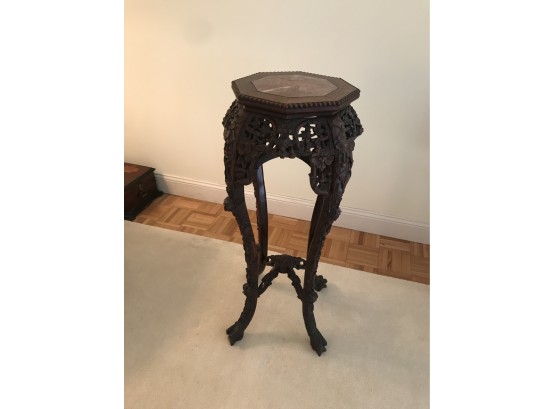 Antique Chippendale  Asian Plant Stand: Solid Carved Mahogany  With Marble Top  (heave Piece)
