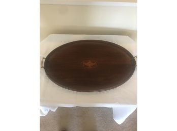 Antique Mahogany Tray With Inlaid Urn Design- Brass Handles