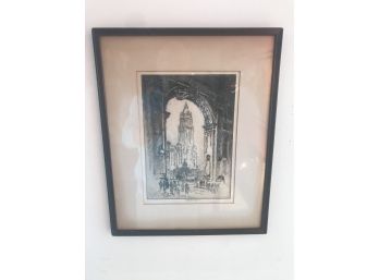Antique Engraving By Jos. Pennell ' Woolworths Through The Municipal Arch'- Signed Proof