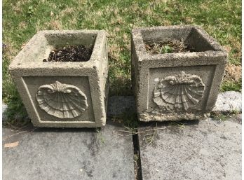 Pair Of Two (2) Small Stone Planters - Shell Relief
