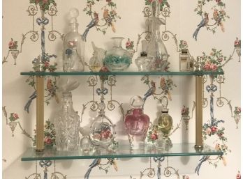 Brass And Glass Shelf With Collection Of 13  Perfume Bottles
