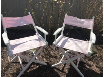 Pair Of White Wood Director Chairs With Pale Pink Canvas