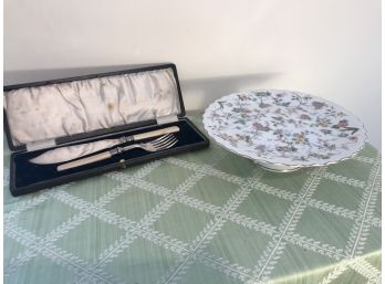 China Pedestal Cake Stand And EP Silver Cake Knife & Fork With Leather Case