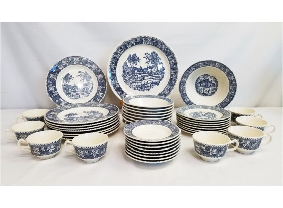Vintage 1950's Blue & White Stratwood Collection Shakespeare Country Pattern China 42 Piece Set