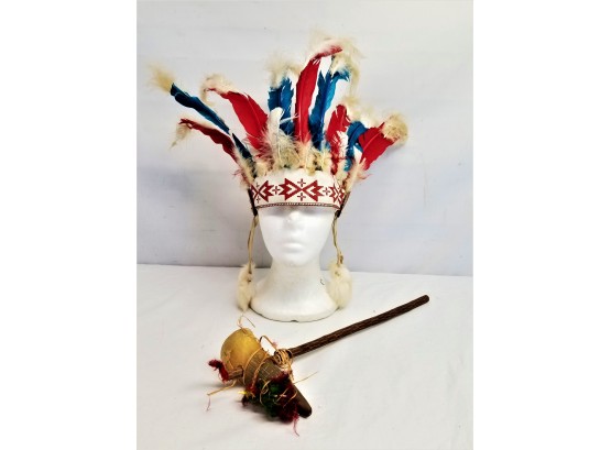 Vintage Child's Native American Feather Headdress And Toy Tomahawk Souvenir Costume Accessories