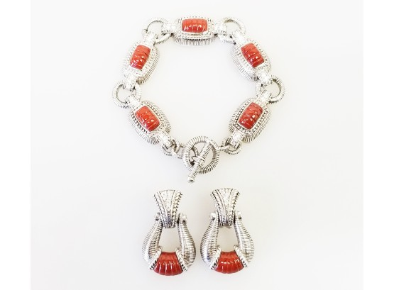 Designer Judith Ripka Sterling Silver Red Jasper Toggle Bracelet & Matching Earrings Set- Retired