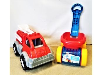 Two Child's Toys: American Plastics Fire Truck & Mega Block First Builders Push And Scoop Wagon