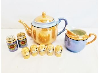 Vintage Lusterware Teapot And Creamer And Salt And Pepper Shakers Handcrafted In Japan