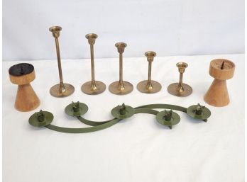 Vintage Mid Century Modern Candle Stick Holders, Metal, Wood & Brass