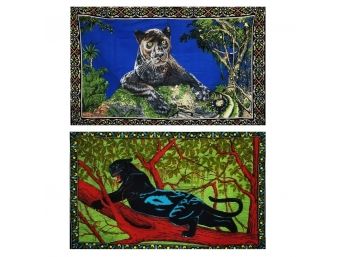 Two Vintage Black Leopard Brushed Cotton Wall Tapestries - Made In Turkey