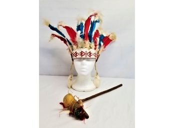 Vintage Child's Native American Feather Headdress And Toy Tomahawk Souvenir Costume Accessories
