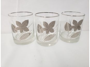 Three Vintage Mid Century Highball Rocks Glasses With Silver Leaf Motif