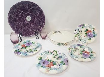 Spring Tableware - Set Of Four Floral Ceramic Plates & Two Purple Glass Bud Vases