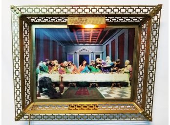 Vintage 1950's Lighted Metal Filigree Frame Holographic 3-D Picture Of The Last Supper Wall Hanging