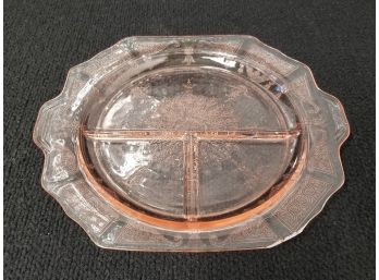 Vintage Pink Depression Glass Three Part Divided Relish Dish With Etched Design