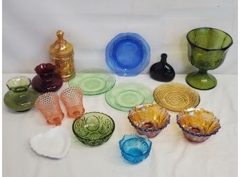 Colorful Grouping Of Vintage Glass Bottles, Plates, Bowls, Jars & More