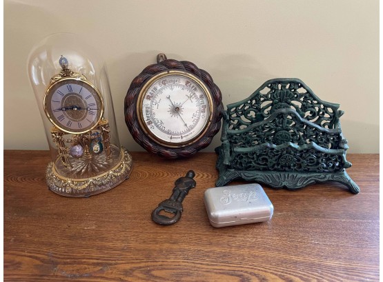 Antique Walnut Barometer, Letter Opener, Iron Letter Rack , And Clock