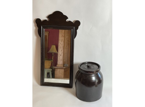 Antique Mirror , Crock And Needlepoint